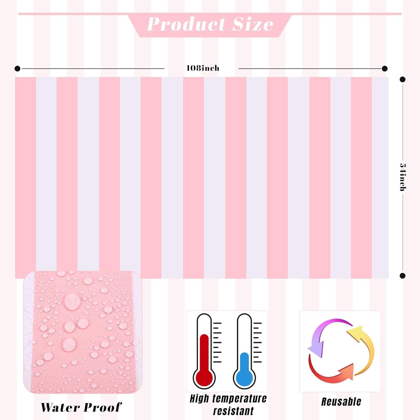 Kesfey 3 Packs Pink and White Horizontal Striped Table Cloth 54 x 108 Inches Pink Stripe Tablecloths Disposable Plastic Stripe Table Covers Waterproof Rectangle Picnic Tablecover for Birthday Party