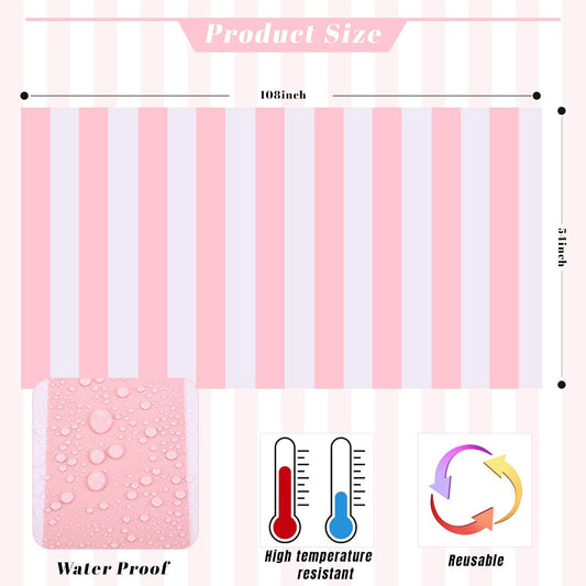Kesfey 3 Packs Pink and White Horizontal Striped Table Cloth 54 x 108 Inches Pink Stripe Tablecloths Disposable Plastic Stripe Table Covers Waterproof Rectangle Picnic Tablecover for Birthday Party
