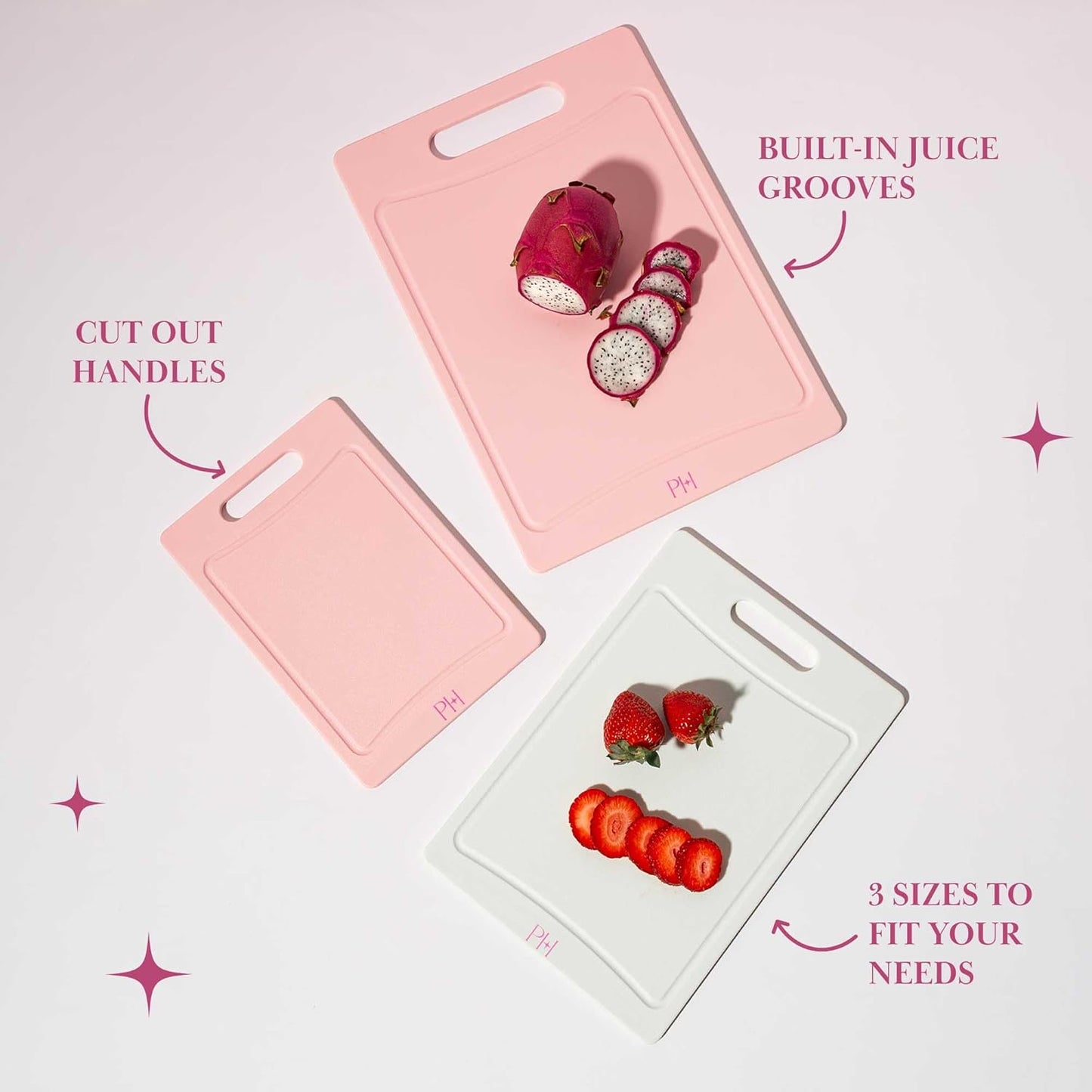 Paris Hilton Cutting Boards for Kitchen, Reversible Dual Sided Plastic Cutting Board Set with Juice Grooves, Easy Grip Handle, Heavy Duty and Made Without BPA, Dishwasher Safe, 3-Piece, Pink and Cream