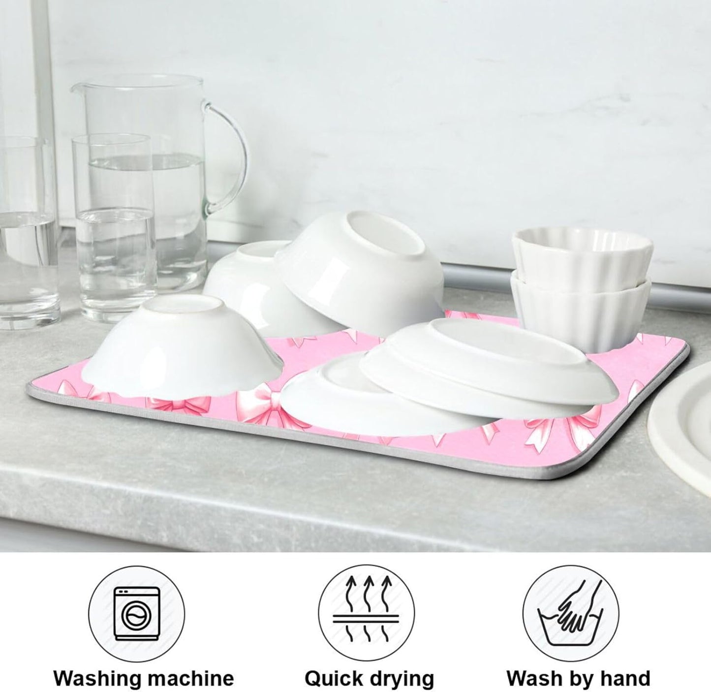 Dish Drying Mat for Kitchen Counter Cute Light Pink Ribbon Bows Absorbent Drying Dish Mat 16×18 inch Dish Rack Pad Coffee Mat for Sink Dishes Under Rack