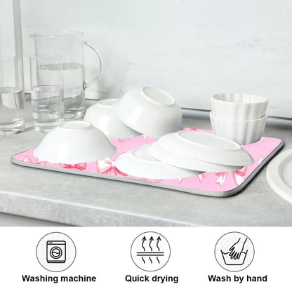 Dish Drying Mat for Kitchen Counter Cute Light Pink Ribbon Bows Absorbent Drying Dish Mat 16×18 inch Dish Rack Pad Coffee Mat for Sink Dishes Under Rack