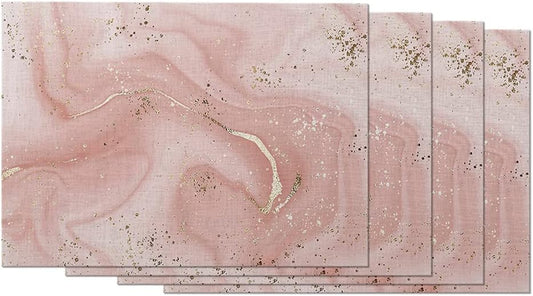 EKOBLA Aesthetic Marble Placemat Non-Slip Cotton Linen Washable Place Mats Pink Gold Glitter Splatter for Dining Table Kitchen Heat Resistant Table Mats, Set of 4