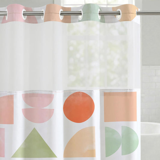 Americanflat 72x75 Hookless Shower Curtain - Water-Resistant Geometric Pastel Shower Curtain with Sheer Panel, Snap-in Liner, and Grommets - 100% Polyester - Peach, Green, Pink, Yellow & White