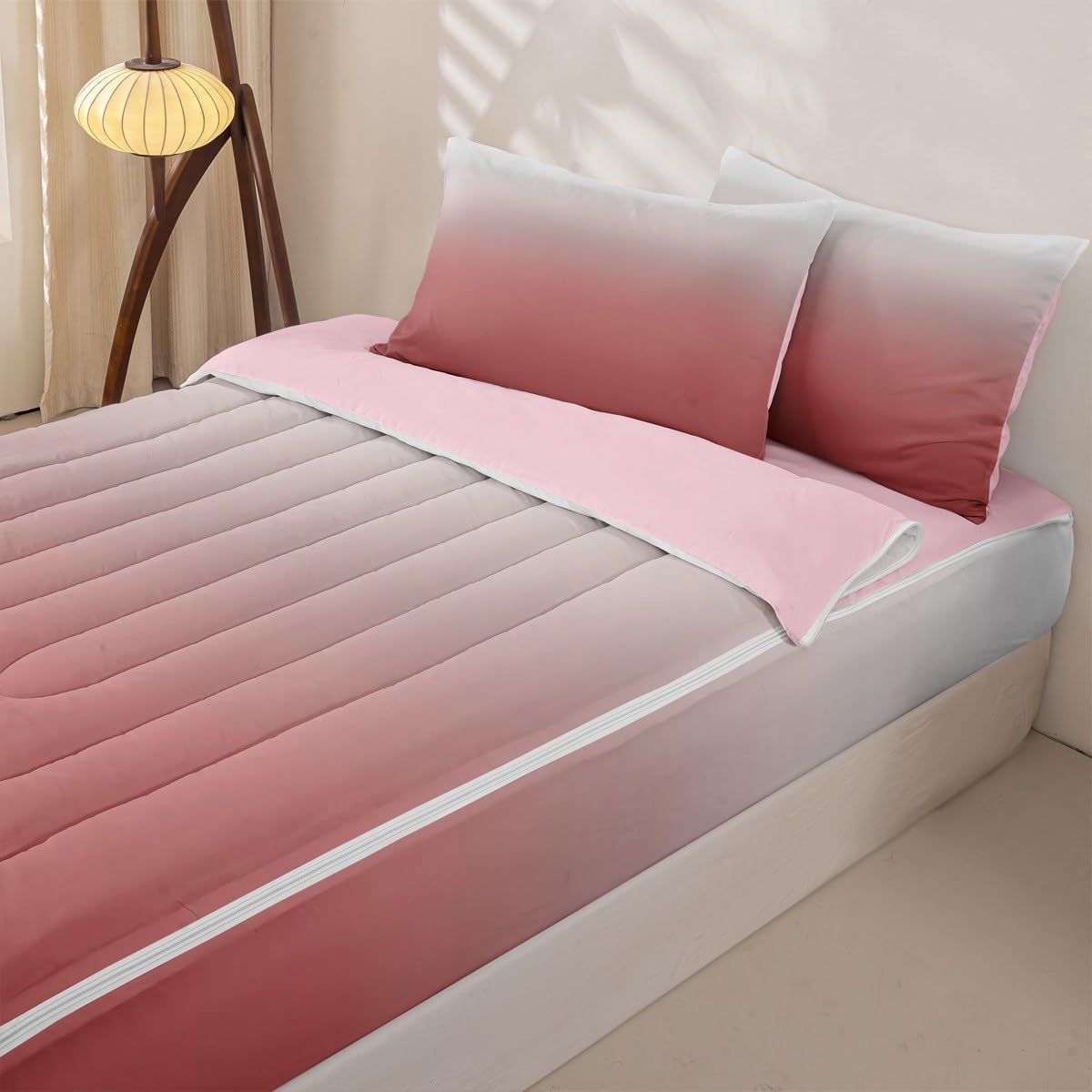 Erosebridal Peach Zip Up Bedding Set Twin Abstract Ombre Zipper Comforter Set with Sheets Pink Girl Bed in a Bag White Coral Gradient Modern Art Bed Sets with 2 Pillowcases