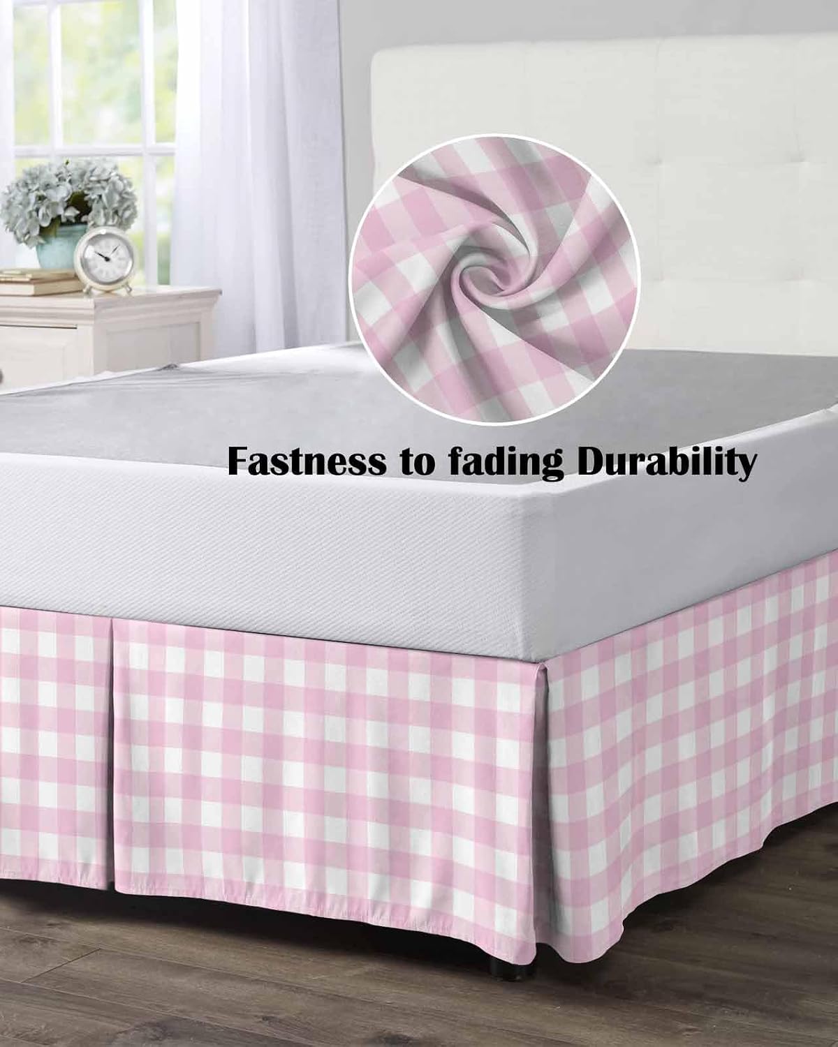 Bed Skirts Queen Size 16 Inch Tailored Drop Peach Pink Buffalo Checked Plaid Wrap Around Bed Skirt with Split Corners Hotel Quality Bedskirt Classic Grid Dust Ruffle for Queen Bed Skirt Bedroom Decor