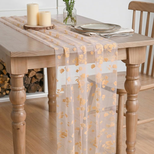 Artoid Mode Pink Gauze Flocking Flowers Table Runner 10FT, Spring Sheer Dining Table Decor for Wedding Anniversary Holiday Birthday Home Party