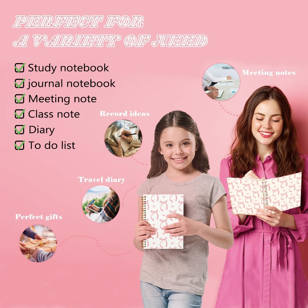 QUICQOD Journal for Teens Girls, Cute Pink Preppy Coquette Notebook Journal Diary School Supplies, Cute Notebooks for Women, Hardcover Pink Spiral Notebook 5.5x8.3 Inch