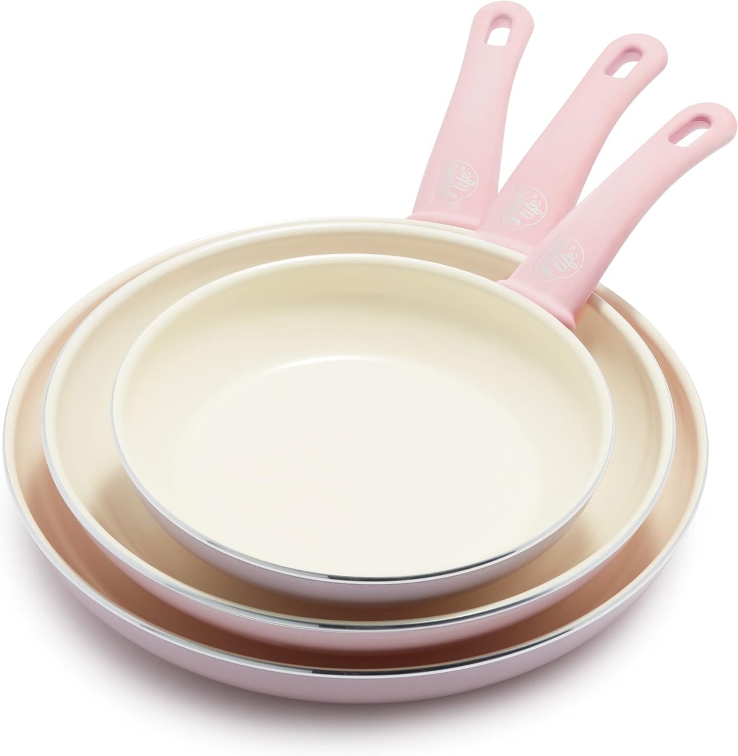 GreenLife Soft Grip Healthy Ceramic Nonstick, 8" 10" and 12" Frying Pan Skillet Set, PFAS-Free, Dishwasher Safe, Soft Pink