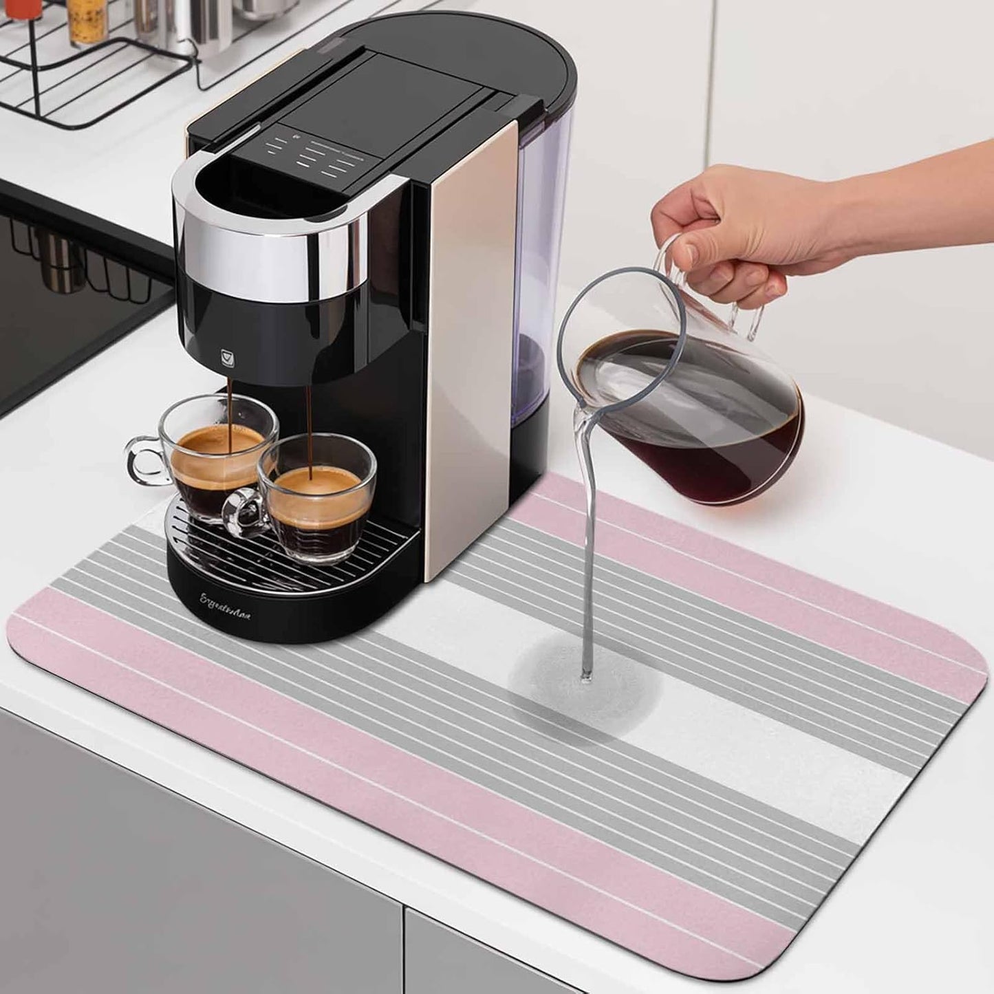 Pink Grey Stripe Dish Drying Mat for Kitchen Counter, Absorbent Quick Dry Coffee Bar Mat Pad Thin Diatomaceous Sink Mats, Modern Art Horizontal Striped Non Slip Dish Drainer Mats 16''x18''