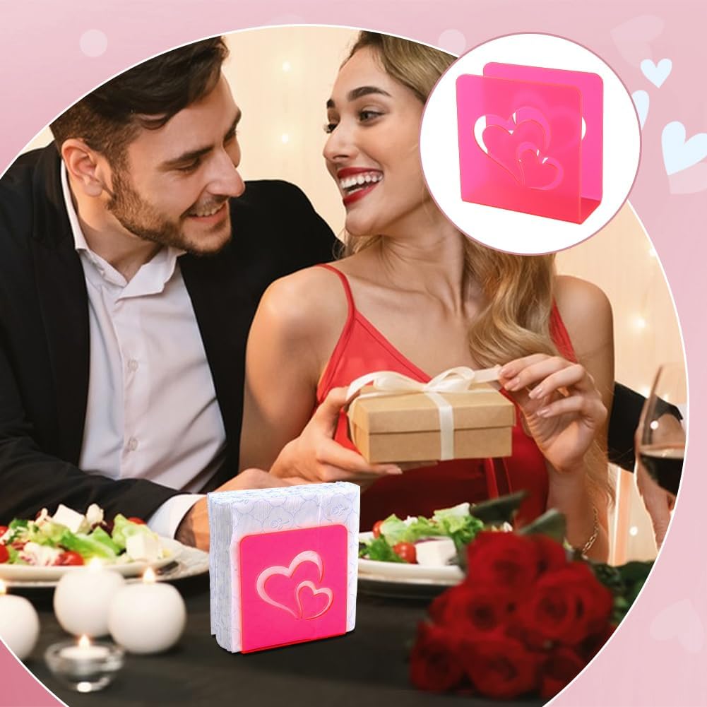 PH PandaHall 3 Pack Hot Pink Napkin Holder, Acrylic Heart Napkin Holder for Table Decorative Napkins Storage Tissue Paper Dispenser with Double Heart for Wedding Kitchen Restaurant Bars Partites Home