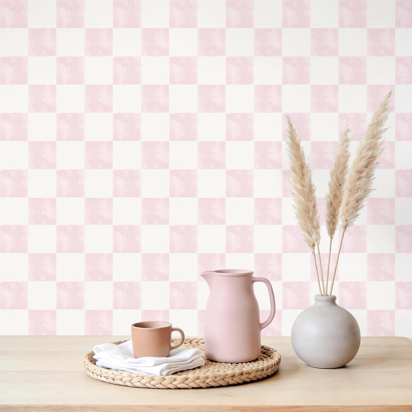 VEELIKE Soft Pink Checkered Peel and Stick Wallpaper 17.7''x118'' Pastel Blush Checkerboard Contact Paper for Cabinets Walls Removable Self Adhesive Girly Wallpaper for Bedroom Nursery Bathroom Vanity