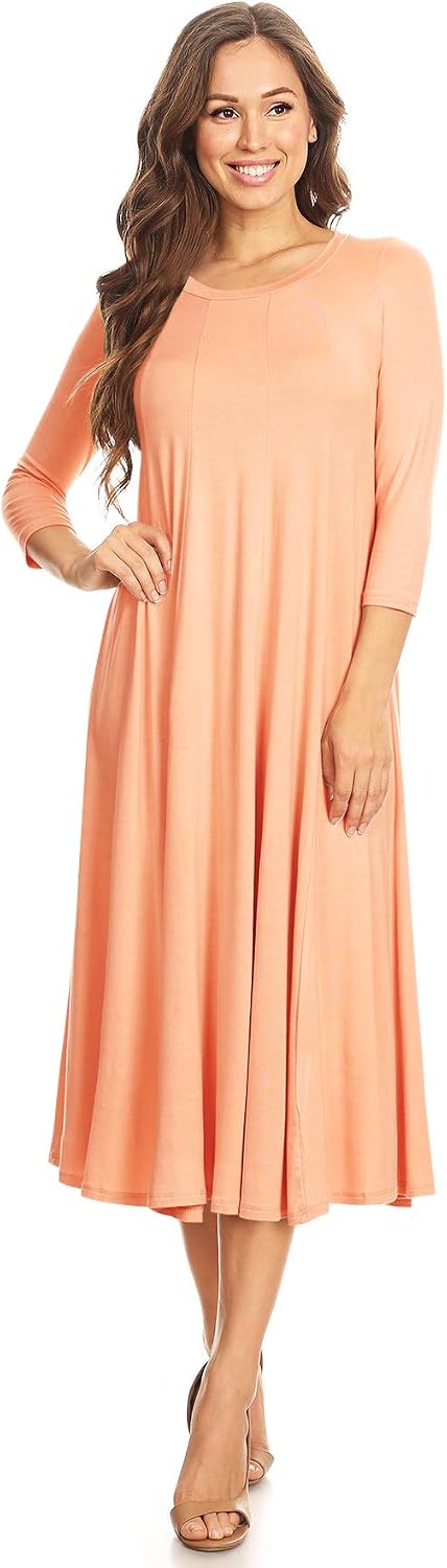 Women's Casual Basic Comfy 3/4 Sleeve Flare A-line Midi Long Maxi Dress(S-3XL)