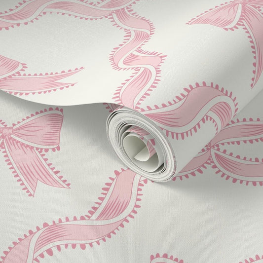 Peel & Stick Wallpaper 6ft x 2ft - Pink Bow,Ribbon Trellis,Pastel Baby Pink,grandmillennial,Chinoiserie Custom Removable Wallpaper by Spoonflower