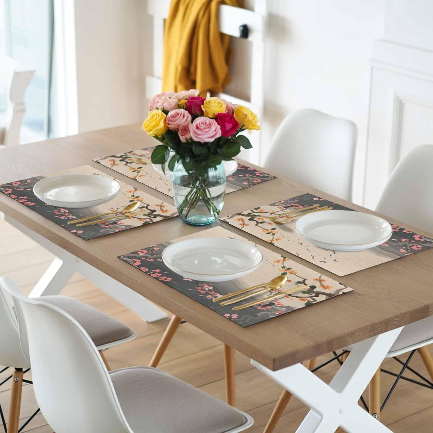 Chinese Ink Painting Placemats Set of 6, Washable PVC Kitchen Table Mats Place Mats, Pink Peach Blossom Branches Woven Vinyl Placemat for Dining Table, 13" x 19"