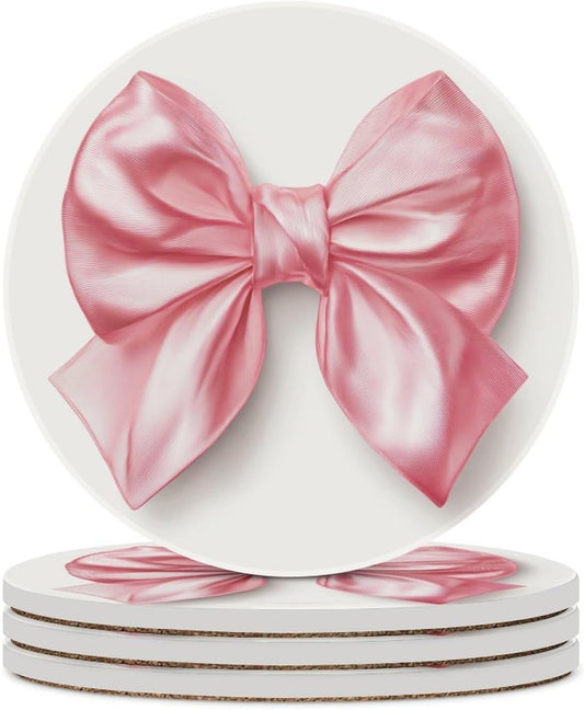 Elegant Pink Coquette Bow on White Coasters Set of 4 Absorbent Coasters