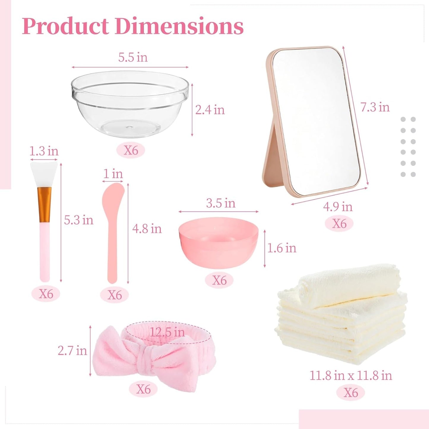 Lnrueg 6 Sets Pink Spa Party Supplies for Women, Facial Mask Bowl with Brush Spatula Headband Towel and Folding Mirror, DIY Spa Kit for Sleepover Bridal Shower Slumber Party Favor