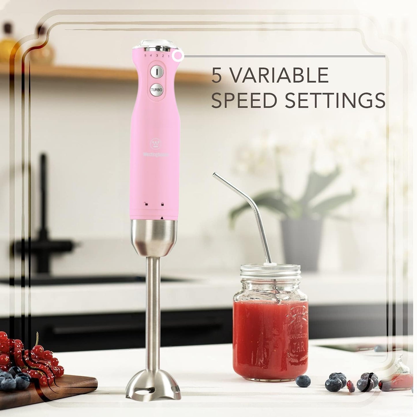 Westinghouse Hand Blender - 5-Speed Immersion Blender with Turbo Function, Stainless Steel Blades & Rod, 500W Power, Detachable Easy Clean Design, Best for Smoothies & Soups - Retro Appliance, Pink
