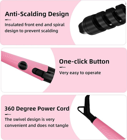 Anti-Scald Ceramic Curling Wand,Portable Curling Iron,Automatic Spiral Hair Curler for Women,Detangle Scald-Free Fast Heating Rollers Suitable for Long and Short Hair Styling(Pink01)