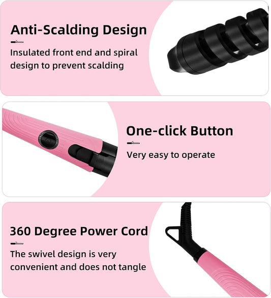 Anti-Scald Ceramic Curling Wand,Portable Curling Iron,Automatic Spiral Hair Curler for Women,Detangle Scald-Free Fast Heating Rollers Suitable for Long and Short Hair Styling(Pink01)