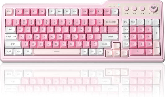 Aula F3099 Wireless Keyboard with Media Knob, Tri-Mode BT5.0/2.4GHz/USB-C Cute Creamy Keyboard with Number Pad, RGB Backlit Gaming Keyboard, Quiet Typing Pink Computer Keyboards for Office Laptop/PC