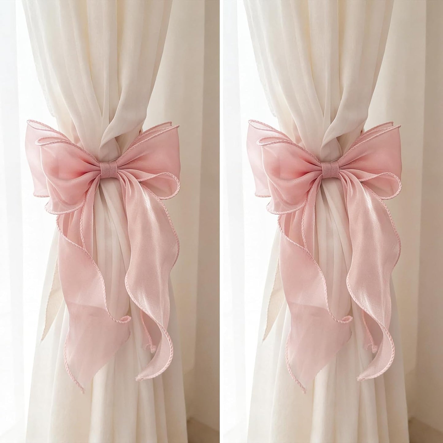 STEFORD 2 Pack Pink Silky Bow Curtain Tiebacks, French Elegant Lace Ribbon Curtain Holdbacks for Pink Room Decor Party Wedding Birthday Decoration