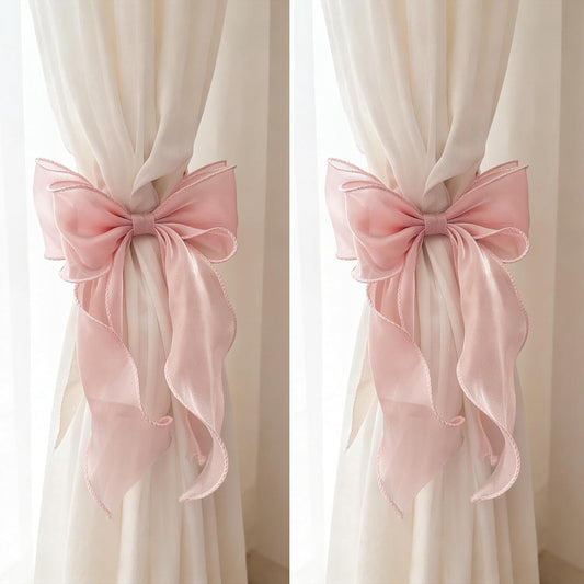 STEFORD 2 Pack Pink Silky Bow Curtain Tiebacks, French Elegant Lace Ribbon Curtain Holdbacks for Pink Room Decor Party Wedding Birthday Decoration