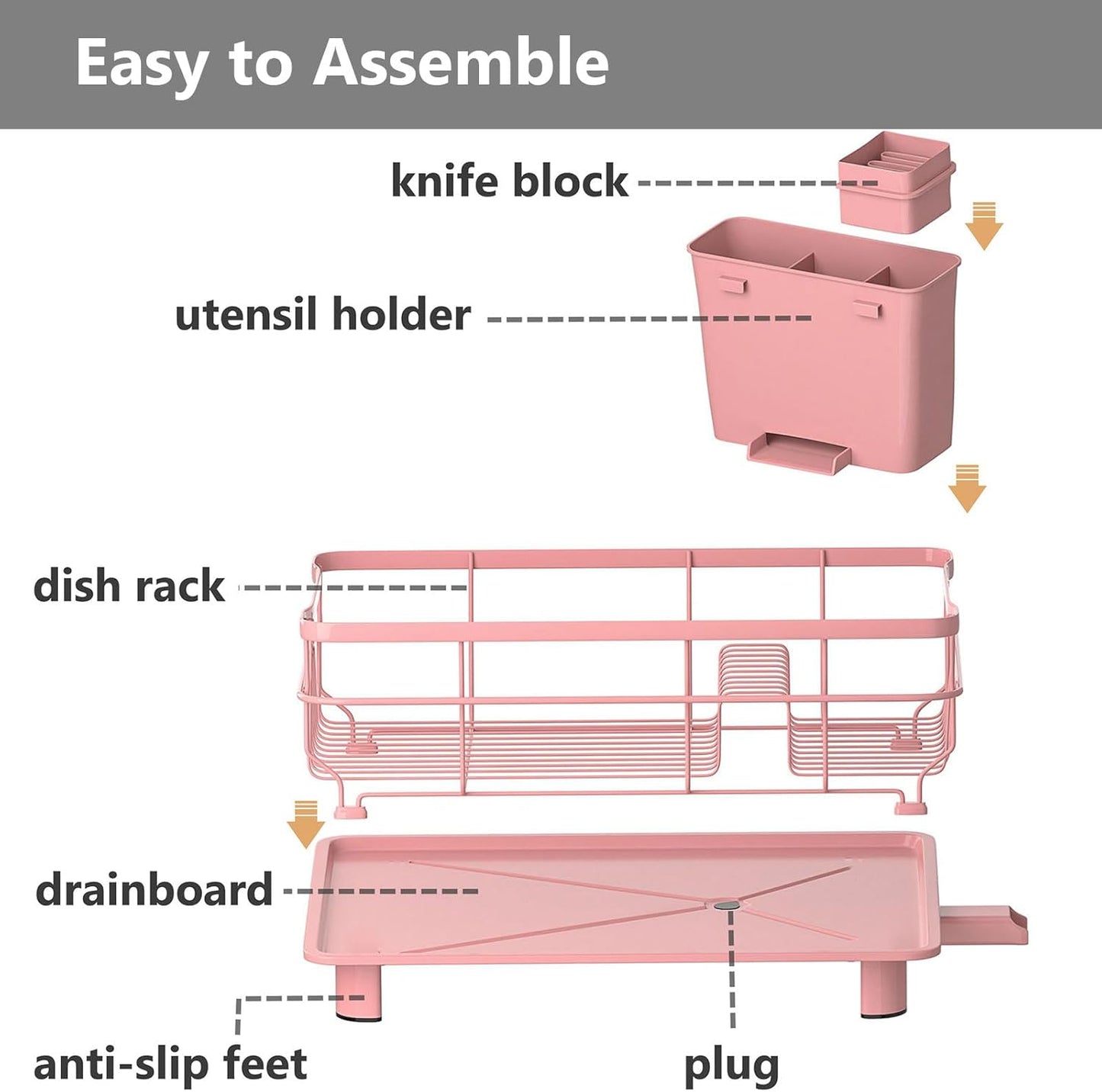 AIDERLY Iron Dish Drying Rack Auto Drain Dish Drainers Kitchen Counter Strainer with Draining Tray, Pink