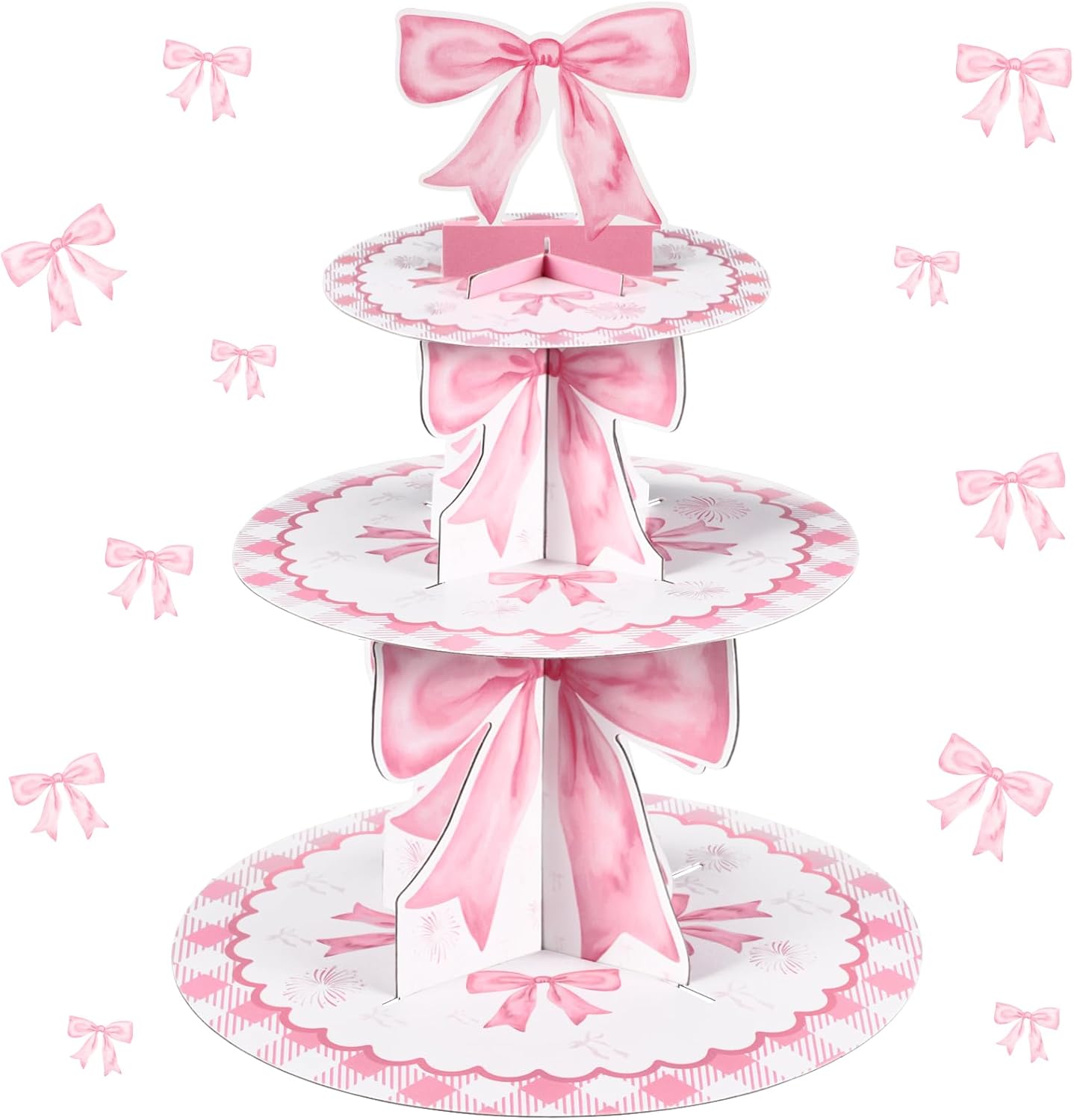 Willinglong 3 Tier Pink Bow Cake Stand Coquette Bow Party Birthday Cake Stand Decorations Pink Dessert Tower for Wedding Garden Birthday Party Supplies