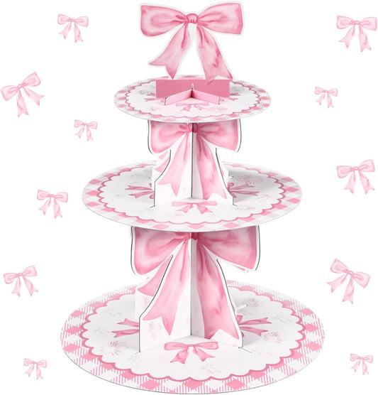 Willinglong 3 Tier Pink Bow Cake Stand Coquette Bow Party Birthday Cake Stand Decorations Pink Dessert Tower for Wedding Garden Birthday Party Supplies