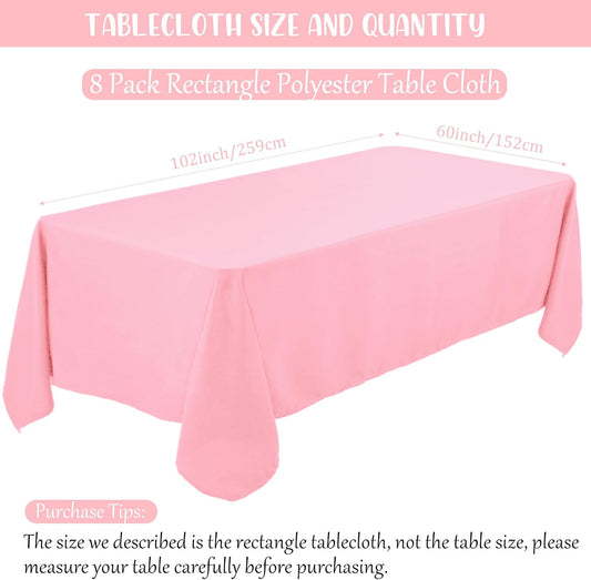 8 Pack Premium Pink Tablecloth 60 x 102 Inch, Rectangle Table Clothes for 6 Foot Rectangle Tables Washable Polyester Fabric Table Covers for Wedding Party Reception Banquet Buffet