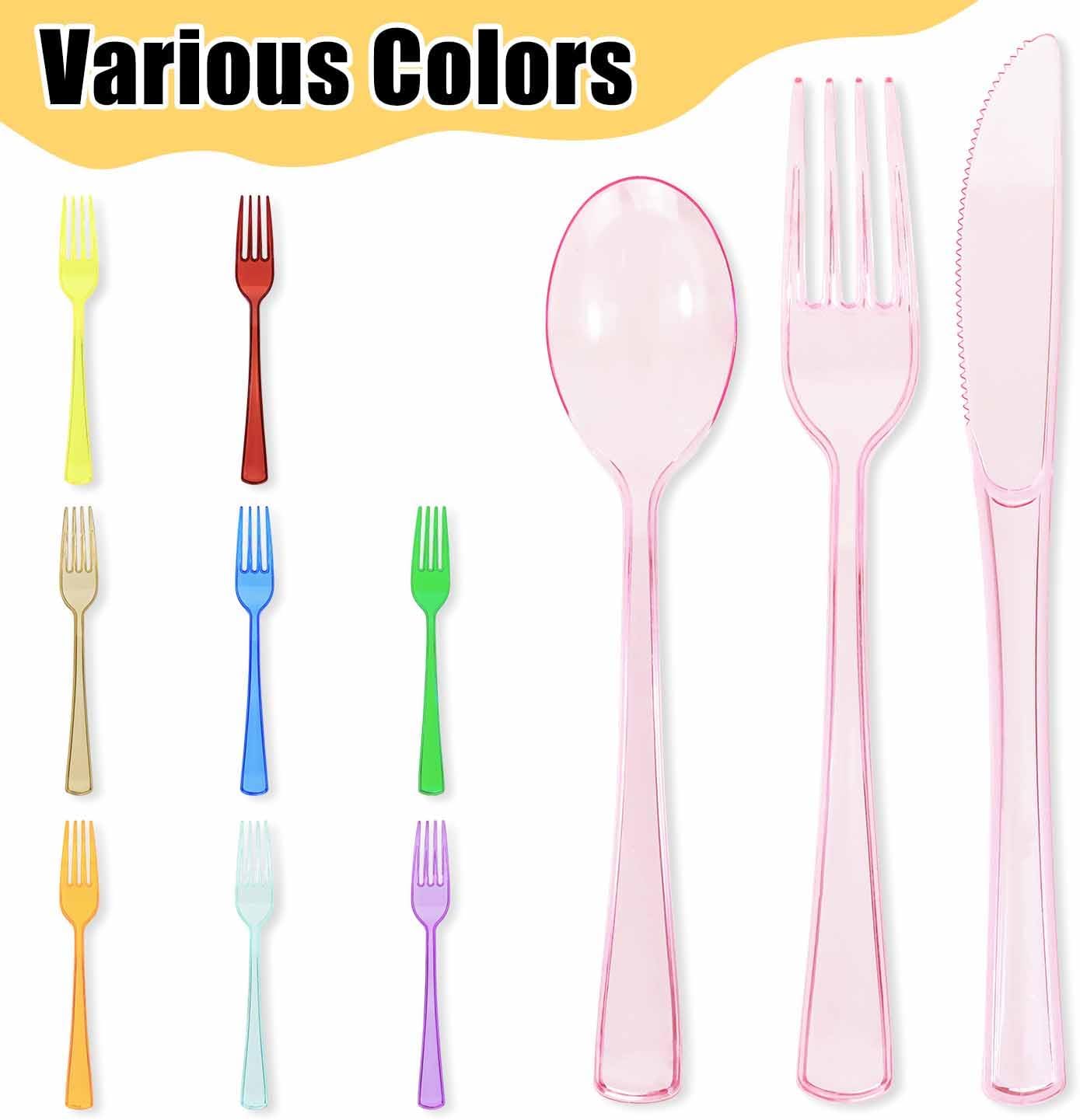 HEIPINIUYE 75 Pack Light Pink Clear Plastic Cutlery Heavy Duty Clear Pink Plastic Knives Forks and Spoons Disposable Silverware Set for 25 Guest Camping Birthday Baby Shower Party Utensil Set