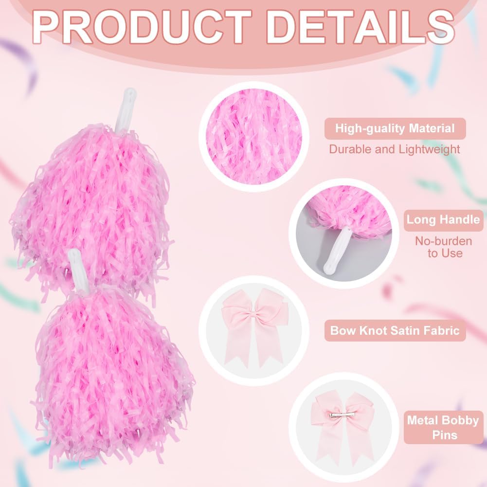 CREATCABIN 4Pcs Cheerleading Pom Poms Large Cheerleader Hair Bow Pink Plastic Cheer Pompoms Cheerleading Accessories with Handle for Team Spirit Sports Dance Cheering Party Basketball Football Rooters