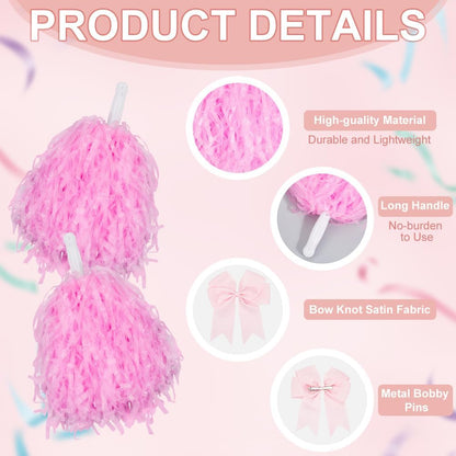 CREATCABIN 4Pcs Cheerleading Pom Poms Large Cheerleader Hair Bow Pink Plastic Cheer Pompoms Cheerleading Accessories with Handle for Team Spirit Sports Dance Cheering Party Basketball Football Rooters