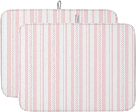 Pink Striped Dish Drying Mat 2 Pack, Rustic Country Stripes Farmhouse Modern Absorbent Heat Insulating Kitchen Drying Pad Drainer Mats for Sink Counter Pot Dishes 18 X 24 Inch