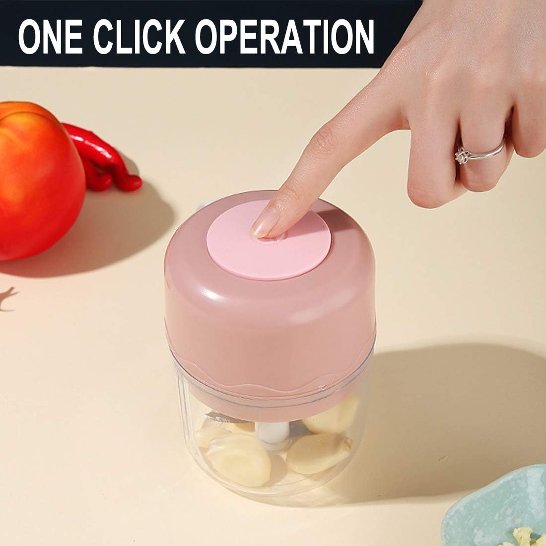Electric Mini Food Chopper Portable Waterproof Small Garlic Press Chopper Blender Spice Grinder Mincer Processor with USB Charging for Pepper Ginger Onion Chili Pumpkin Veggies Nuts Meat 250ML (Pink)