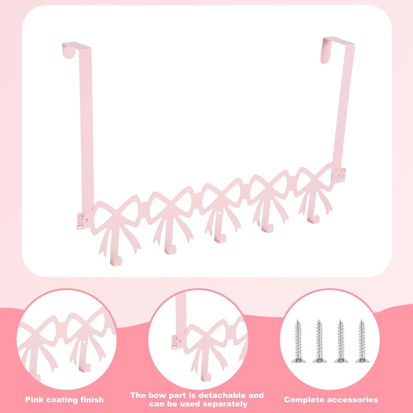 Pink Bow Over The Door Hooks, 5 Hooks Cute Wall Mount Towel Rack Organizer Farmhouse Rustic Coquette Bow Knot Towel Hat Clothes Storage Hanger for Bedroom Bathroom Decor