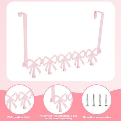 Pink Bow Over The Door Hooks, 5 Hooks Cute Wall Mount Towel Rack Organizer Farmhouse Rustic Coquette Bow Knot Towel Hat Clothes Storage Hanger for Bedroom Bathroom Decor