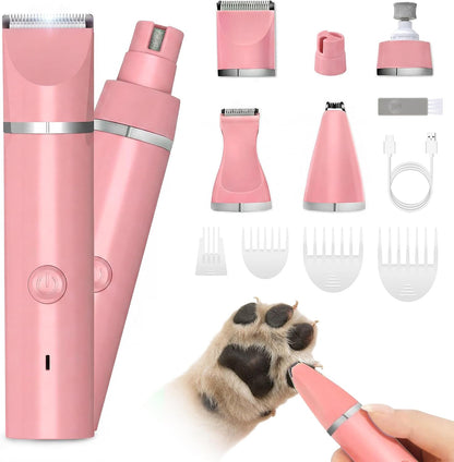 Veeconn Dog Grooming Clippers Kit-Electric Rechargeable Cat Trimmer Tools-Cordless Quiet Pet Nail Paw Grinder-4 in 1 Multifunctional Low Noise Shaver-Razor for feet Face Ears Toenail Eye (Pink)