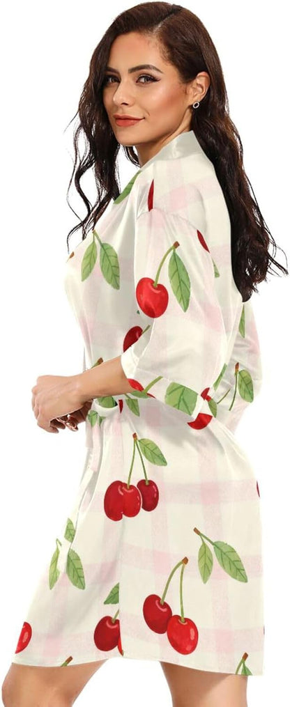 Fresh Cherry Pattern Pink Check Womans Bathrobes Comfy Sleeve Night Shirt for College Dorm