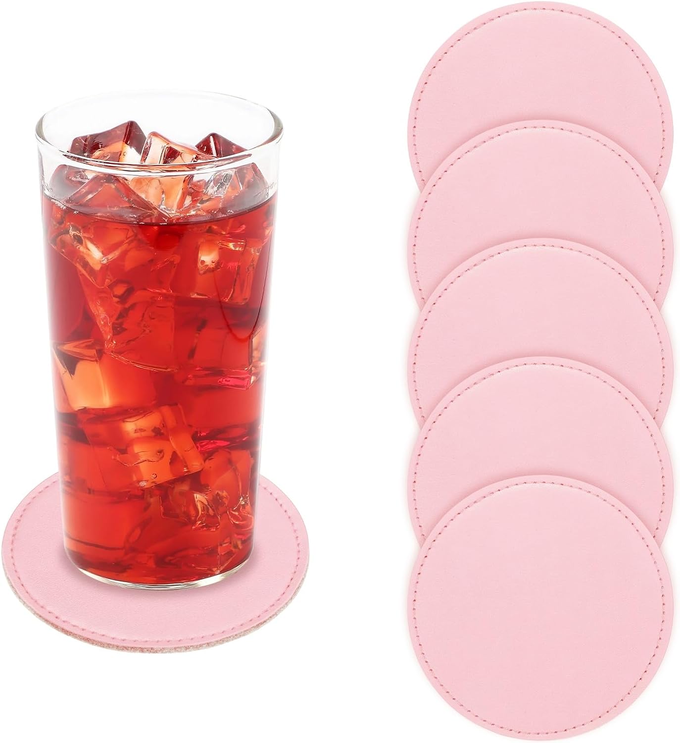 uxcell 5Pcs PU Leather Coasters, 4" Round Drink Coasters Heat Resistant Water Absorbent Non Slip Cup Mat for Home Office Kitchen Bar Coffee Table Housewarming Gifts Decor, Pink