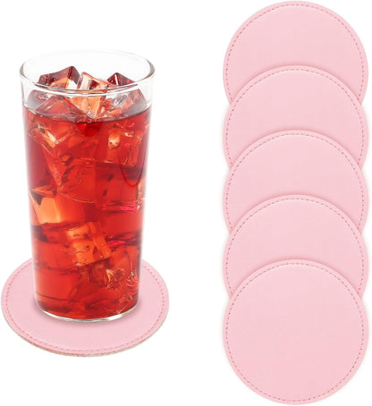 uxcell 5Pcs PU Leather Coasters, 4" Round Drink Coasters Heat Resistant Water Absorbent Non Slip Cup Mat for Home Office Kitchen Bar Coffee Table Housewarming Gifts Decor, Pink
