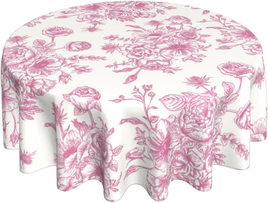 Pink Floral Tablecloth Round 70 x 70 Inch Chinoiserie Flowers Table Cloth Polyester Fabric Vintage Spring Summer Farmhouse Table Cover for Kitchen Party Dining Picnic Outdoor Decor