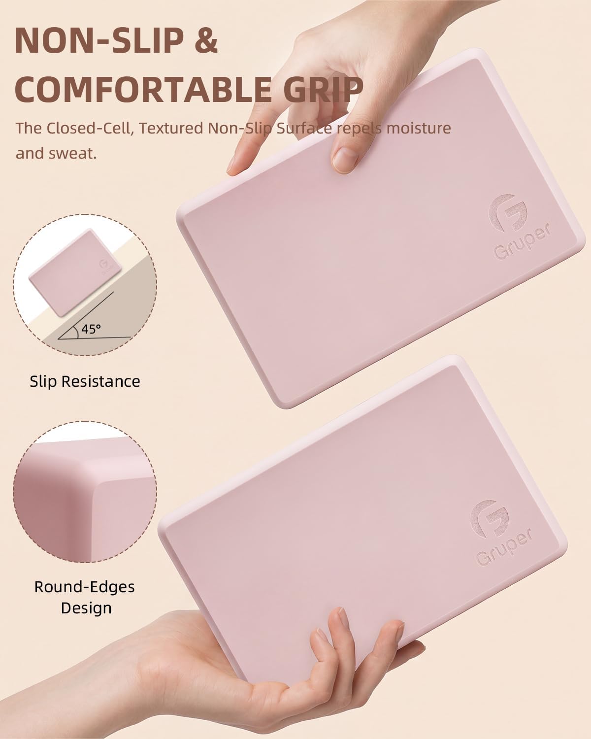 Gruper Yoga Blocks 2 Pack, 9"x6"x3" Exercise Blocks High-Density EVA Foam Blocks with Soft Non-Slip Surface, Lightweight Yoga Props for Yoga Pilates Meditation & Stretching