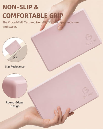 Gruper Yoga Blocks 2 Pack, 9"x6"x3" Exercise Blocks High-Density EVA Foam Blocks with Soft Non-Slip Surface, Lightweight Yoga Props for Yoga Pilates Meditation & Stretching