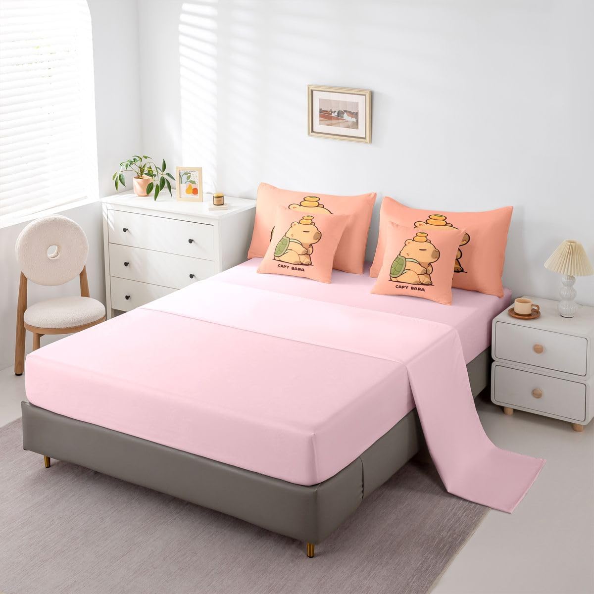 Manfei Cartoon Capybara Comforter Set 7 Pcs Turtle Shell Kawaii Kids Bed Set Lazy Cute Animal Bedding Twin with Comforter,Fitted Sheet,Flat Sheet,Pillowcases,Pillow Covers Twin Peach Pink