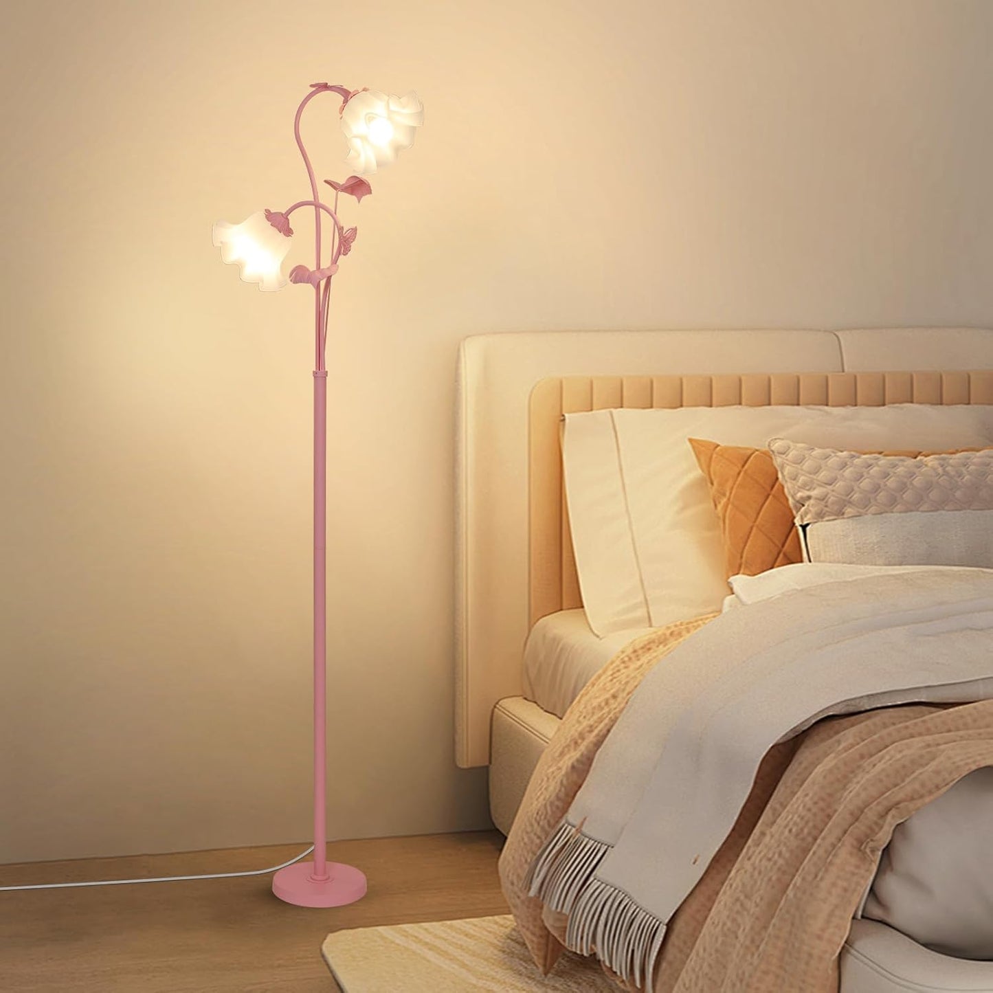 HMVPL Pink Flower Floor Lamp, Floral Standing Lamp with 2 LED 5W Blubs, Foot Switch, Modern Corner Tall Lamp with Acrylic Shade, Girls Cute Floor Lamp for Living Room Bedroom Office Kids Reading