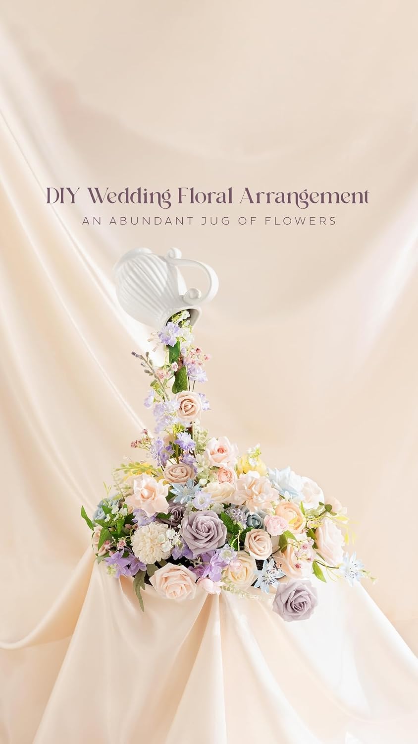 Ling's moment Fake Flowers Box, Faux Artificial Greenery Stems Foam Roses Gardenia Silk Ranunculus Fabic Flower for Centerpieces Bouquet Wedding Vase Decorations, Powder Blue & Peach, Deluxe Combo