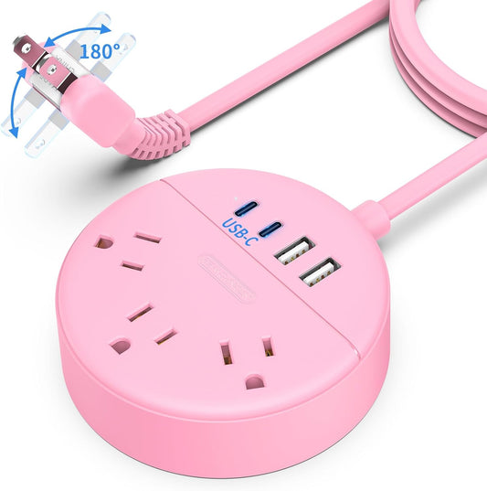 Pink 2 Prong Power Strip with USB-C, NTONPOWER 1875W/15A 2 Prong to 3 Prong Outlet Adapter, Rotating Plug,Pink Extension Cord 5 FT,3 Outlets 4 USB Port, Ideal for Old House, Vanity Desk, Office,Travel