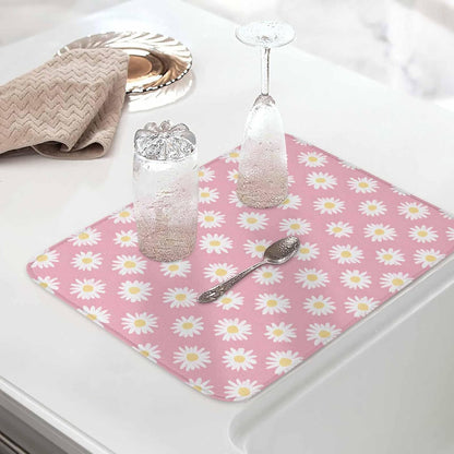 Dish Drying Mat White Daisy Floral Microfiber Absorbent Reusable Washable Dish Drying Rack Mat Light Pink Coffee Mat for Coffee Maker Bar Kitchen Countertops 18x24inch