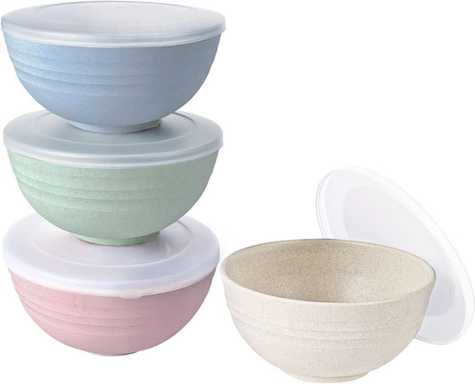 shopwithgreen Wheat Straw Cereal Bowls with Dust-Proof Lid, Resuable Bowls for Kitchen, Set of 4, Microwave and Dishwasher Safe for Soup, Oatmeal, Ramen, Camping, Kids, College Dorm Room, 26 OZ,Blush